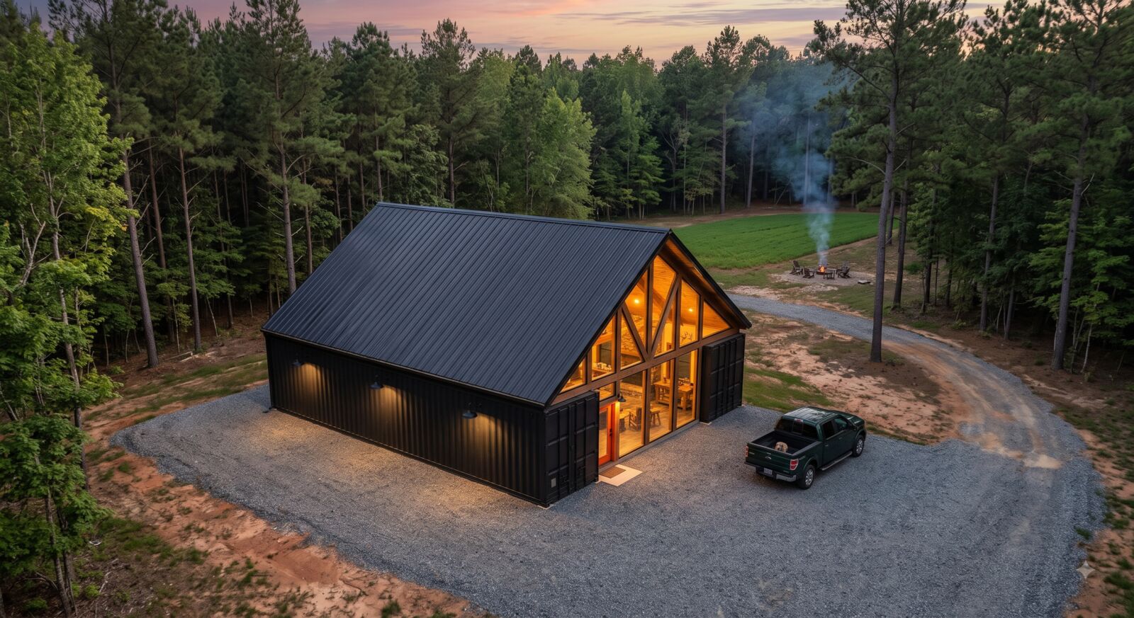 Aerial rendering of a SteelCamp lodge in a pine clearing at sunset — black metal roof, gravel drive, food plot and fire pit behind