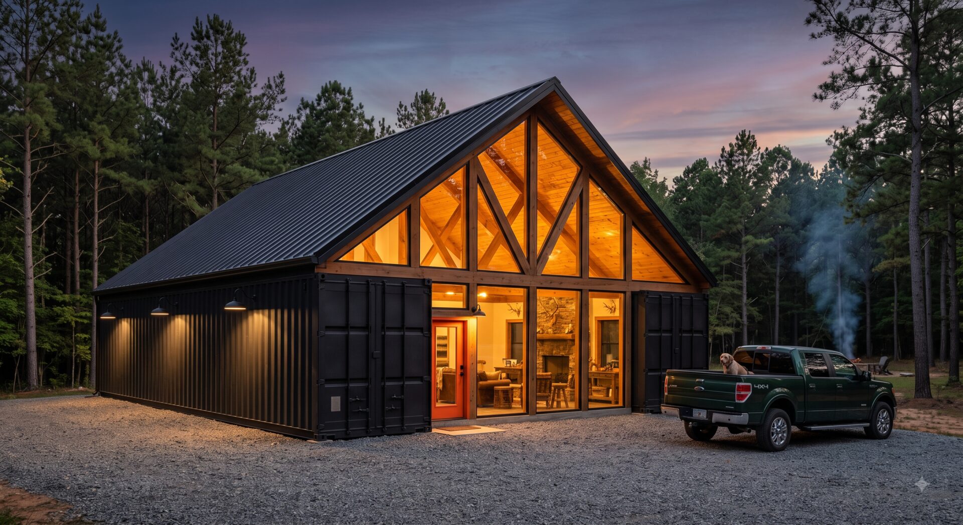 SteelCamp lodge at dusk — two black shipping containers under a timber-truss gable with a full glass end wall, warm light inside, pickup truck parked on gravel