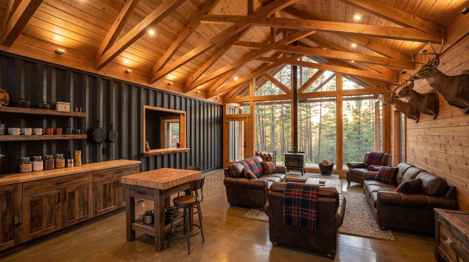Interior rendering of the SteelCamp great room — exposed timber trusses, corrugated container steel wall, leather couches, wood stove, sealed concrete floor, deer mounts